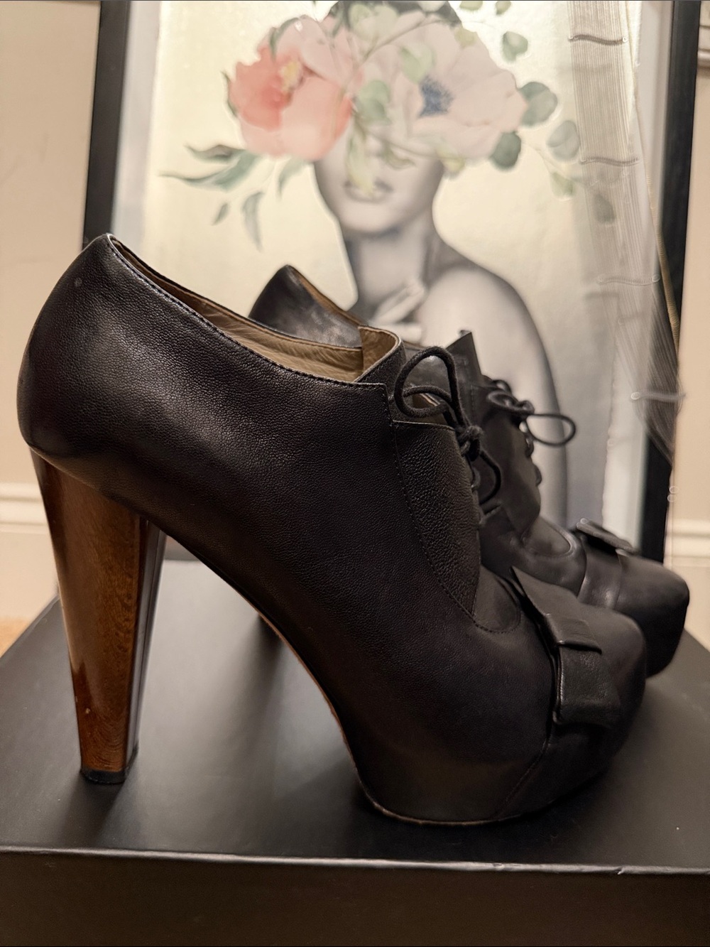 Tibi lace up bow black booties platform wooden heel  37.5